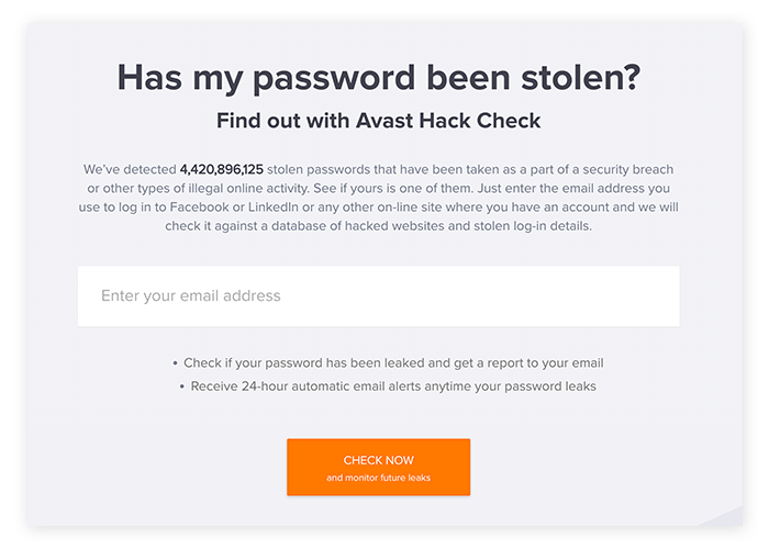 Avast Hack Check是一个快速且免费的资源,用于检查您的信息是否泄露。